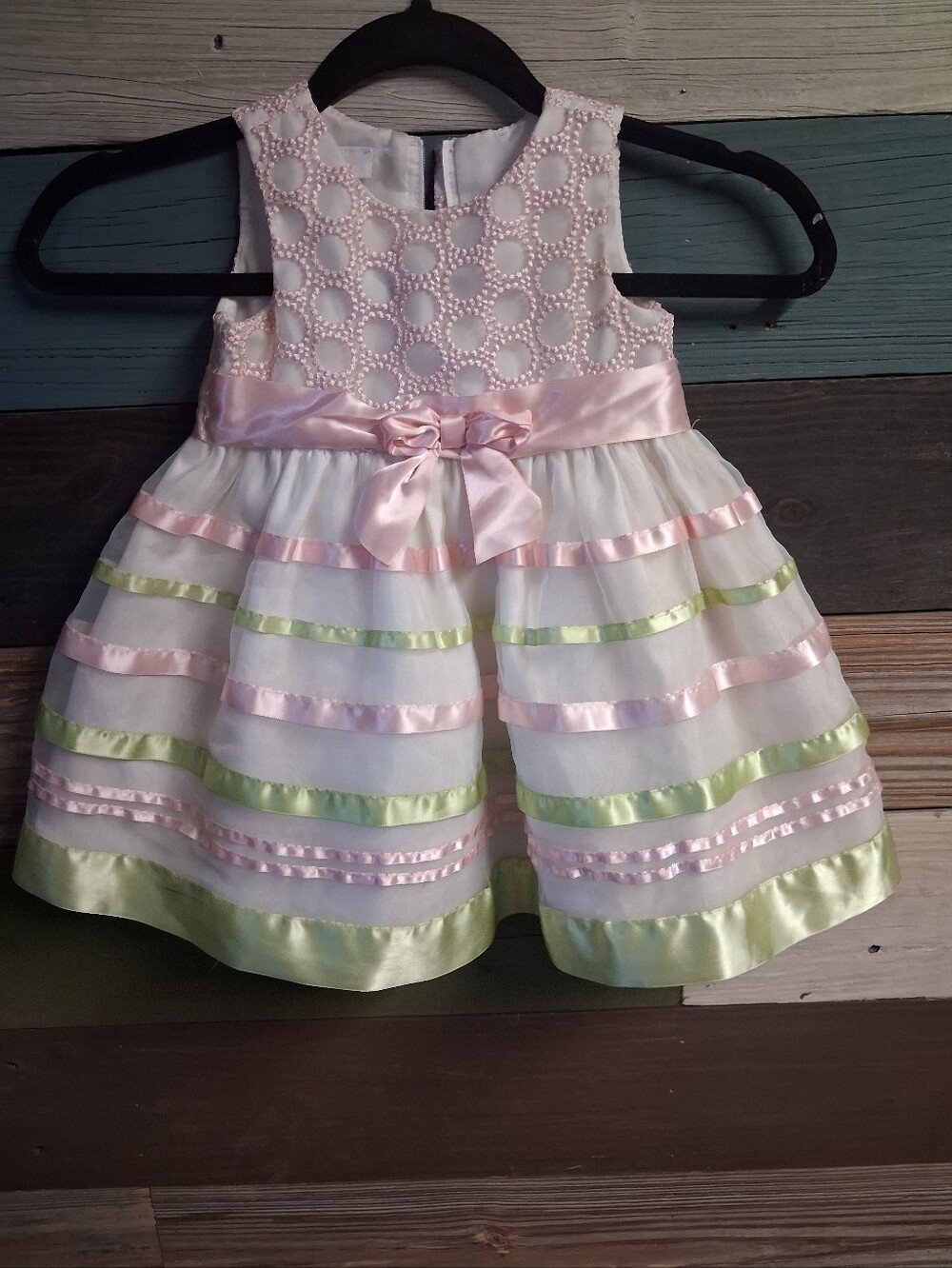 Bonnie Baby White Party Dress with Pink & Mint Satin Ribbon